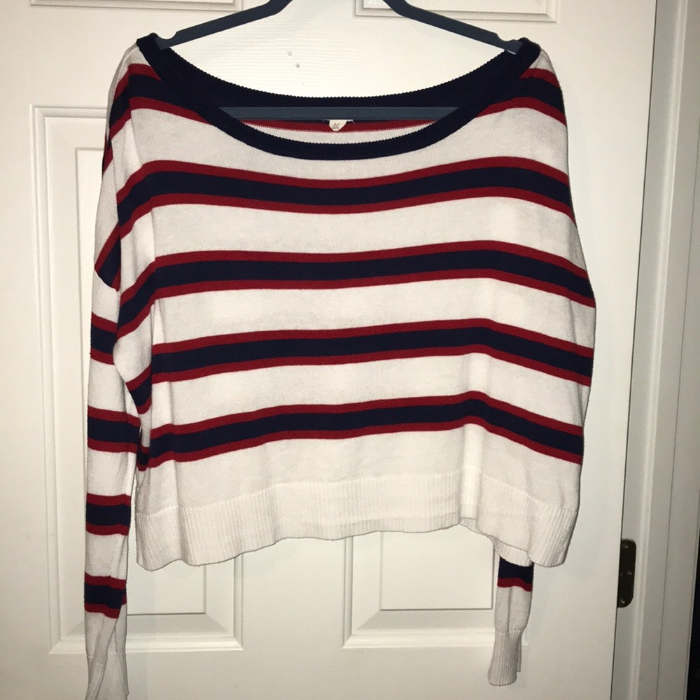 White Red and Blue Striped Long Sleeve Garage Tee